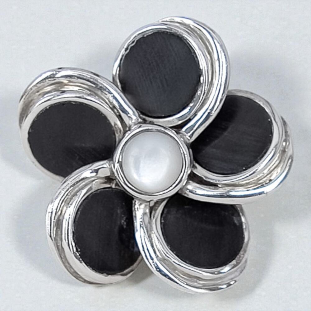 Vintage 925 Sterling Silver 3D Daisy Flower Ring Black Onyx Abalone Adjustable